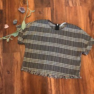 Zara Trafaluc Plaid Tweed Top Fringe Hem